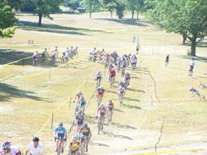 Overhead view of bicyclists in a cyclocross race