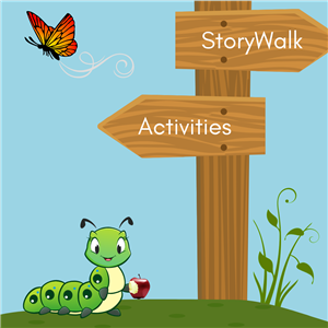 A graphic of a caterpillar holding an apple with a bite out of it and a monarch butterfly next to an arrow sign.