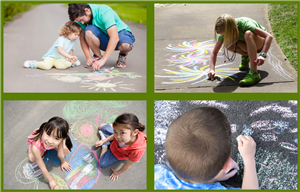 A group of four photos showing people decorating pathways with chalk - father and child, sisters, boy, teenager.