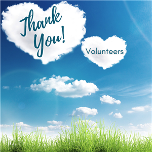 A blue sky with heart shaped clouds over a field of grass and the words Thank You Volunteers.