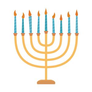 An illustration of a gold menorah with nine lit blue candles
