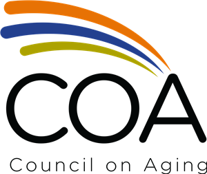 Black text with COA in the center and Council on Aging underneath. There is an orange, blue, and green rounded line coming out of the A to complete the logo.