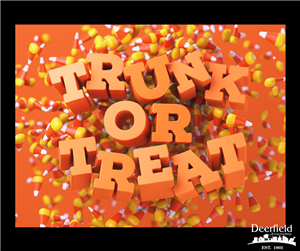 The words Trunk or Treat in orange capital letters surrounded by candy corn on an orange background