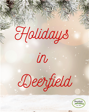 Pine branches across top, snowflakes falling in light colored background, and snow at the bottom of the photo with the words Holidays in Deerfield