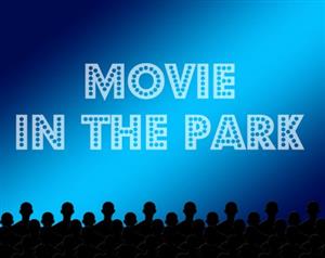 The words Movie in the Park with the outline of people looking at a screen in the foreground