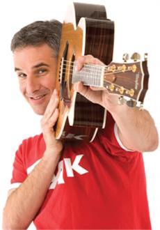 A smiling Man holding a guitar on his shoulders