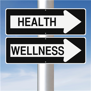 two black rectangular street signs, both with white arrows pointing right. The one on top says HEALTH and the one on bottom says WELLNESS