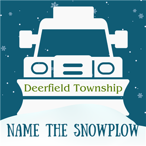 Blue background with white snowflakes and white outline of snowplow with the words Name the Snowplow