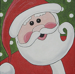 A canvas painting of a cartoon like Santa Claus on a green background with white circle snowflakes