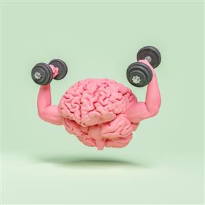 A light green background with a pink cartoon brain with arms and holding dumbbells in each hand.