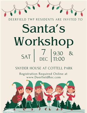 Tan background with 6 cartoon children dressed as elves and dancing in front of trees at the bottom of the flyer. Cartoon Christmas lights across the top. Green font says Santa's Workshop and gives details of date, time, location, and that registration is