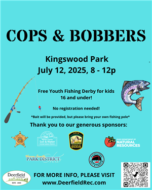 Advertisment for the Cops and Bobbers fishing event taking place July 12, 2025, at Kingswood Park at 8 am