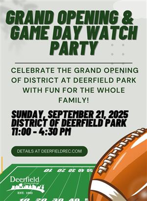 Tan background with football and football field in the foreground. Has date and time details for Grand Opening & Game Day Watch party event