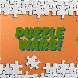 Orange background with white puzzle pieces for border and the words Puzzle Wars in the center in green font