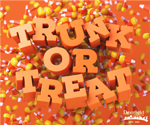 Orange background with the words Trunk or Treat in orange font surrounded by candy corn