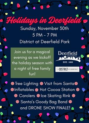 Blue background with Christmas lights border and text describing the Holidays in Deerfield text