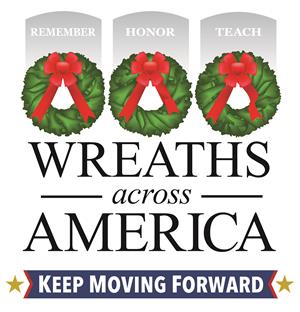 Wreaths across America logo with 3 wreaths on headstones and the tagline Keep Moving Forward