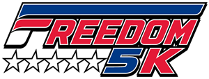 Race logo with the words Freedom 5K in red and blue, and 5 white stars