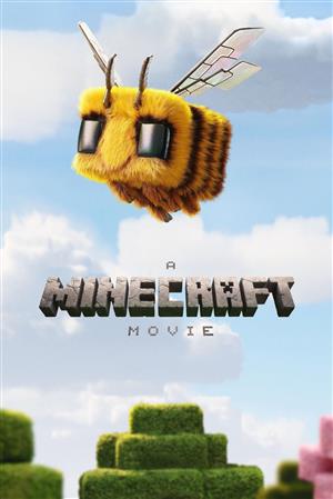 Movie poster for Minecraft Movie with a square bee flying over green hills